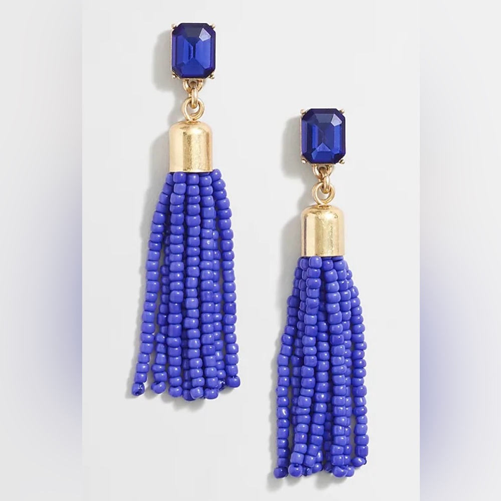 J CREW Factory Cobalt Blue Beaded Tassel Post Back Earrings